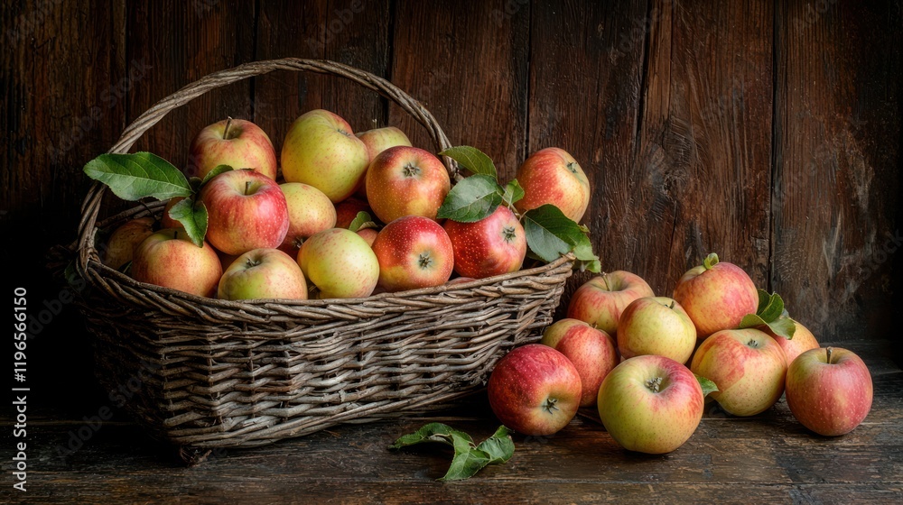 A pile of freshly picked apples arranged in a rustic basket, with a few apples scattered on a wooden table A pile of freshly picked apples arranged in a rustic basket, with a few apples scattered on a wooden table