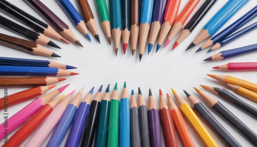 Colorful Pencils Arranged in a Circular Pattern on White Background Colorful Pencils Arranged in a Circular Pattern on White Background