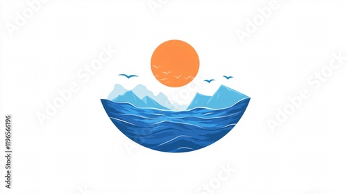 Serene Seascape: Circular Design of Ocean Waves, Distant Mountains, and a Bright Sun with Flying Birds photo