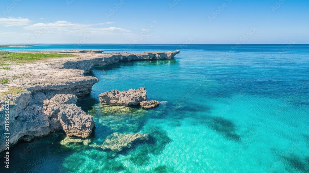 Fototapeta premium Stunning aerial view of a rocky jetty extending into vibrant turquoise waters under a clear blue sky