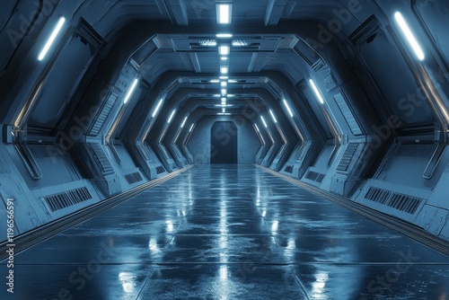 Fototapeta Naklejka Na Ścianę i Meble -  Futuristic spaceship corridor with glowing blue lights and reflective floor.