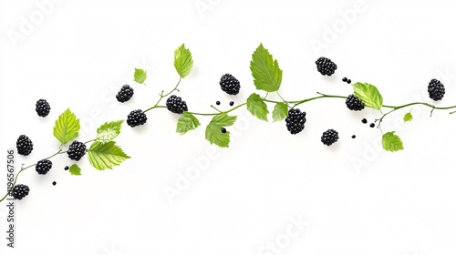 Blackberry Vine with Ripe Berries and Lush Green Leaves on White Background