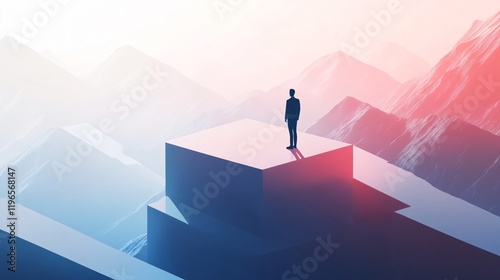 Wallpaper Mural Solitary Figure on Geometric Platform in Dreamlike Mountain Landscape - Abstract Art Torontodigital.ca