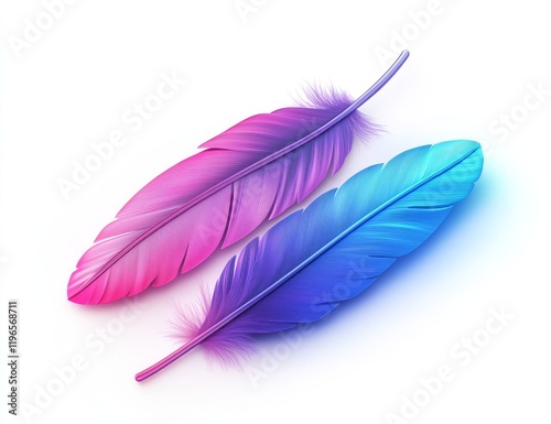 Two vibrant gradient feathers, pink and blue, isolated on white background.