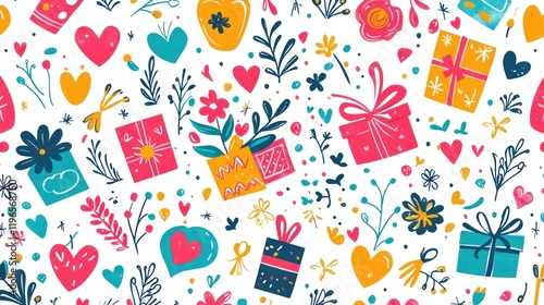 A playful pattern with Mother's Day icons like gifts, flowers, and cards on a white background.