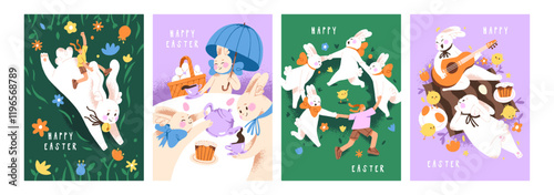 Designs of Easter card set. Templates of greeting postcards with cute paschal bunnies, eggs. Funny rabbits, happy hares have fun, round dance on meadow, celebrate holiday. Flat vector illustrations