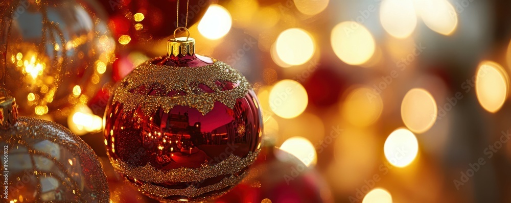 Christmas gifts, holiday decorations, festive ornaments in focus, warm lighting, ambient atmosphere, red and gold colors create a joyful seasonal feel, perfect for celebrations