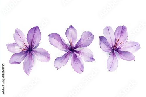 Three delicate purple crocus flowers isolated on white background.