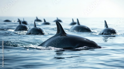 A pod of pilot whales swimming together in the open sea. photo