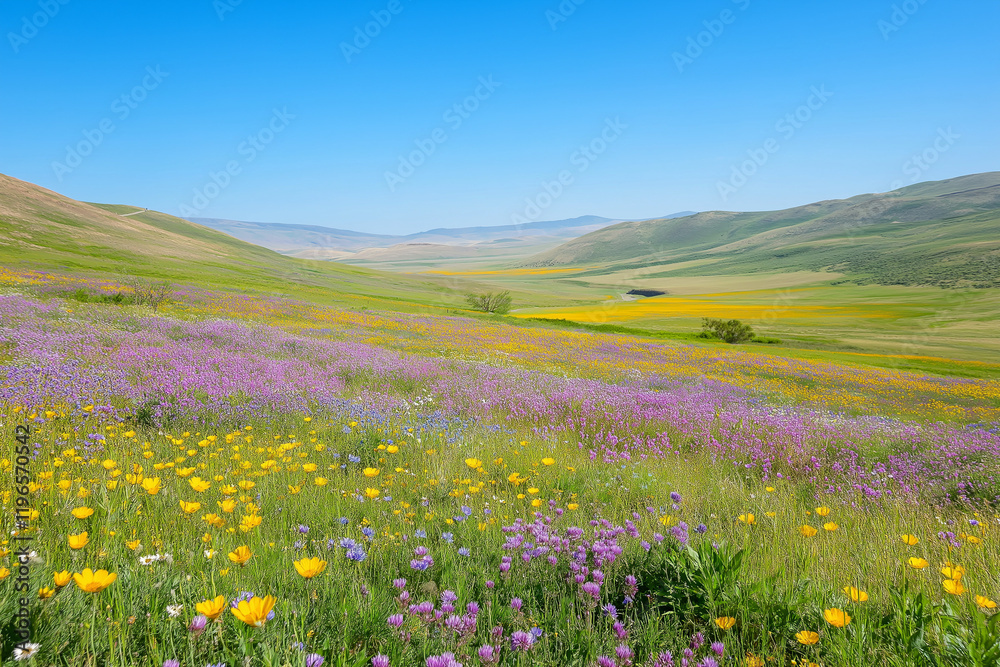 Obraz premium A vibrant meadow full of colorful wildflowers swaying gently in the breeze under a clear blue sky