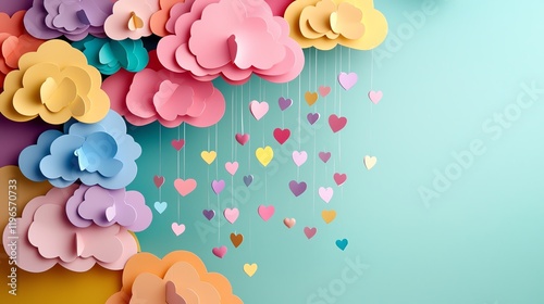 Colorful paper clouds and hearts create a whimsical backdrop, perfect for celebrations, party decor, or children's events.