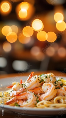 Delicious Shrimp Scampi Pasta Dish in a Warm Restaurant Setting photo