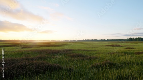 Serene landscape at sunrise with lush green fields and gentle light.