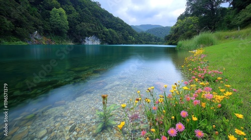 Serene Lake with Colorful Wildflowers