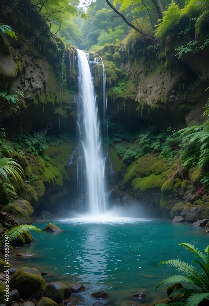 Fototapeta premium Serene Waterfall Cascading Through Lush Green Forest