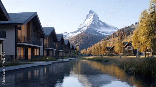 Scenic view of modern houses by a river with a mountain backdrop.