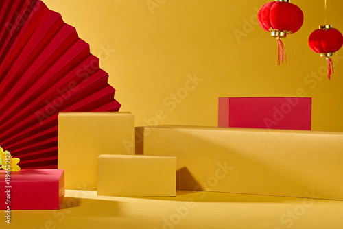 A commercial for a product with a classic New Year theme. A frontal perspective of a rectangular platform that is empty, with Chinese lanterns and red paper fans hanging on a yellow background. photo