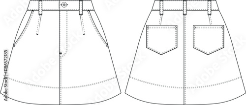 mid high rise waist tailored darted mini short a line denim jean skirt template technical drawing flat sketch cad mockup fashion woman design style model 
