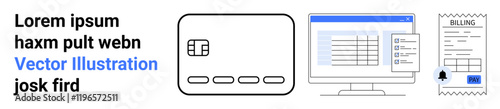 Credit card, computer screen displaying financial data, and a billing receipt highlight digital finance management. Ideal for online payments, billing, transaction systems, finance apps, e-commerce