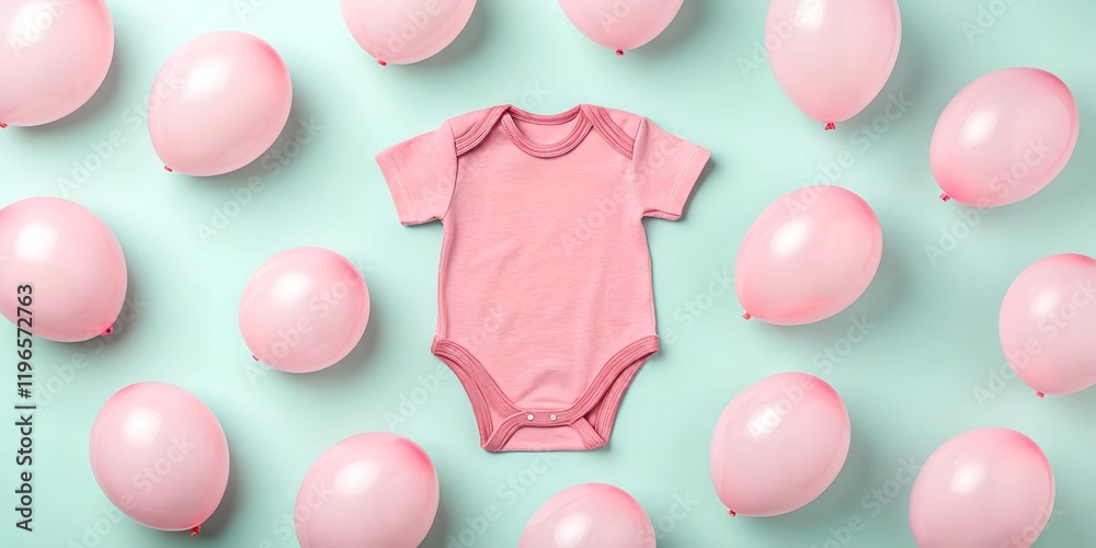 Mockup of a pink baby onesie surrounded by soft pink balloons on a pastel green background. Ideal for baby product branding and social media presentations. Mockup of a pink baby onesie surrounded by soft pink balloons on a pastel green background. Ideal for baby product branding and social media presentations.