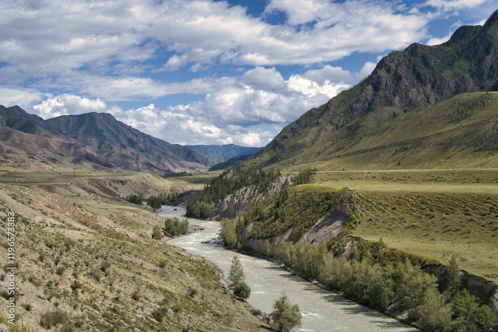 A calm mountain river flows through a picturesque forest landscape surrounded by majestic mountains. A calm mountain river flows through a picturesque forest landscape surrounded by majestic mountains.