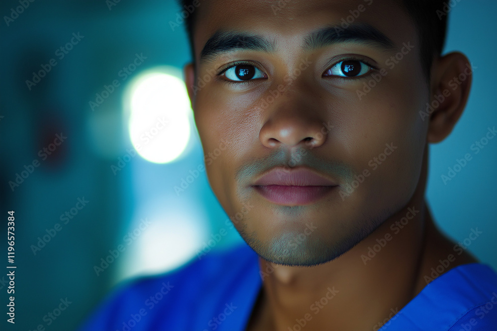 a male dark-skinned Phillipino nurse in his 20s, glasses on, short black hair a male dark-skinned Phillipino nurse in his 20s, glasses on, short black hair