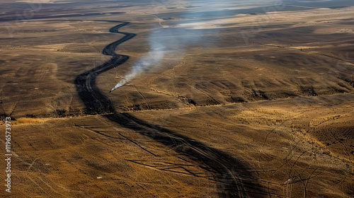Aerial Drone Hovering Over Barren Landscape Casting Shadow with Faint Smoke Trail in Distance – Depicting Modern Technology, Desolate Environment, Industrial Scene, and Remote Surveillance