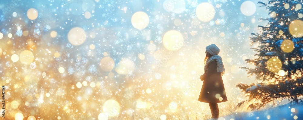 Christmas tree, winter celebration, holiday spirit with sparkling lights and festive atmosphere, set against a soft blue and gold bokeh background, evoking warmth and joy in the season