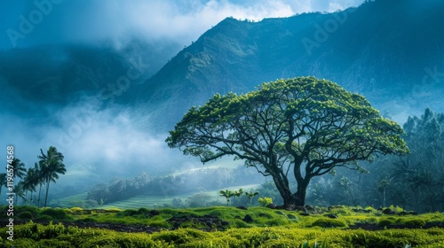 Stunning green tree towering over misty mountains, symbolizing nature s resilience and calmness photo