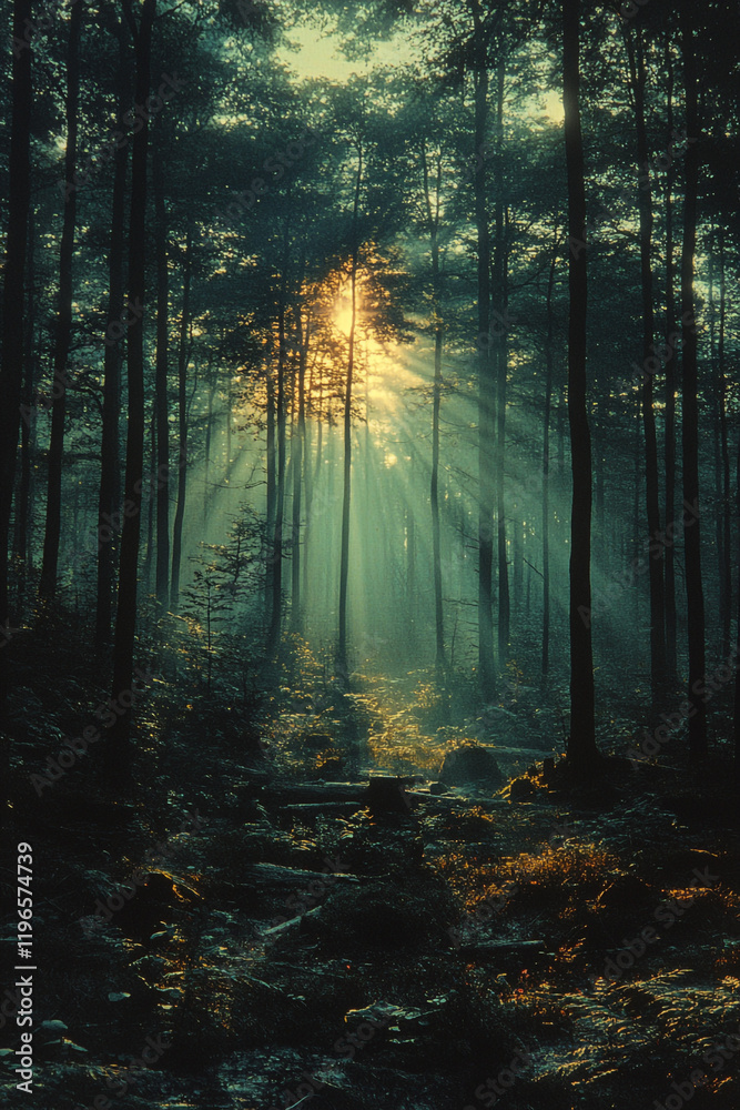 Obraz premium Sunbeams Illuminate a Mystical Forest Path