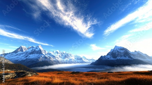 Scenic mountain landscape with vibrant skies and autumn foliage.