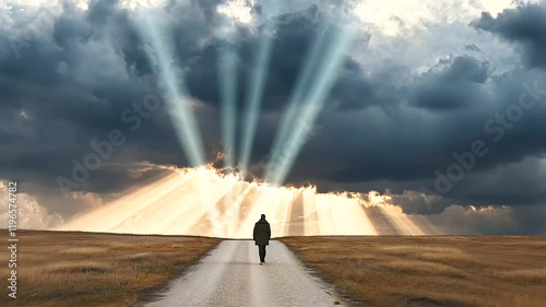 Figure Walking Alone on Road Under Stormy Sky