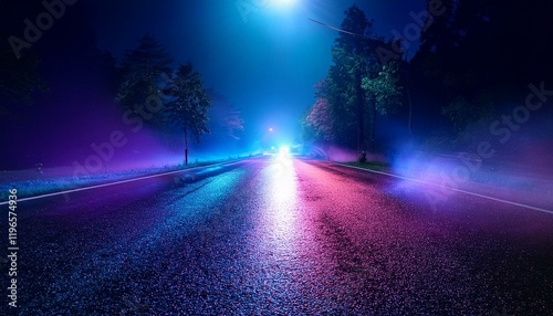 Mysterious Neon-Lit Road Scene with Vibrant Pink and Blue Reflections on Wet Asphalt, Surrounded by Dense Fog and Shadowy Forest Under a Dark Night Sky