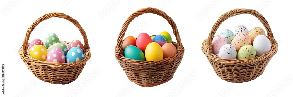 Easter eggs in basket set isolated on transparent background. PNG. Generated AI Easter eggs in basket set isolated on transparent background. PNG. Generated AI