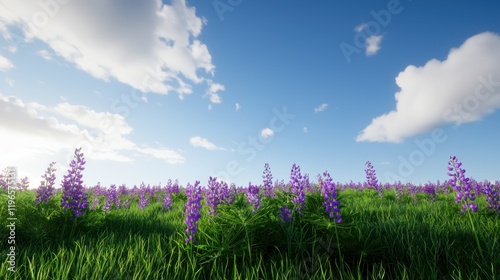 Vibrant purple flowers in a lush green field under a blue sky.