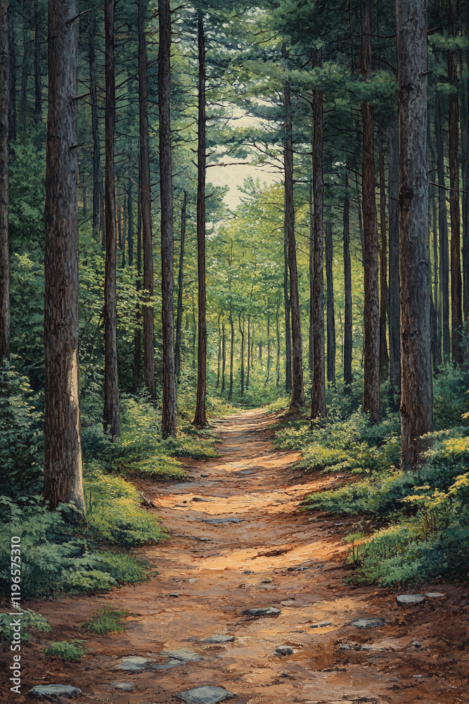 Sunlit Forest Path Through Tall Pine Trees Sunlit Forest Path Through Tall Pine Trees