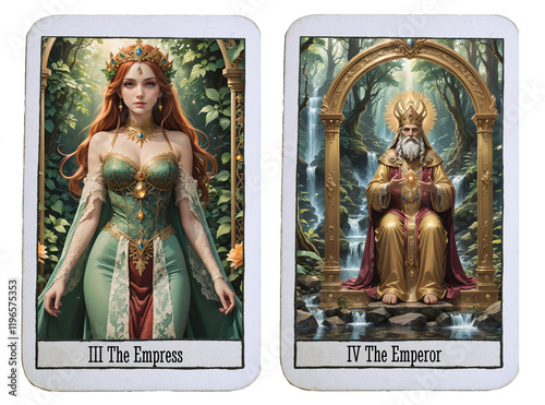 Two Tarot cards of the major arcana on transparent background. The empress (3) and the emperor (4)