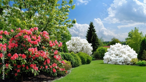 Vibrant Garden with Blooming Rhododendrons