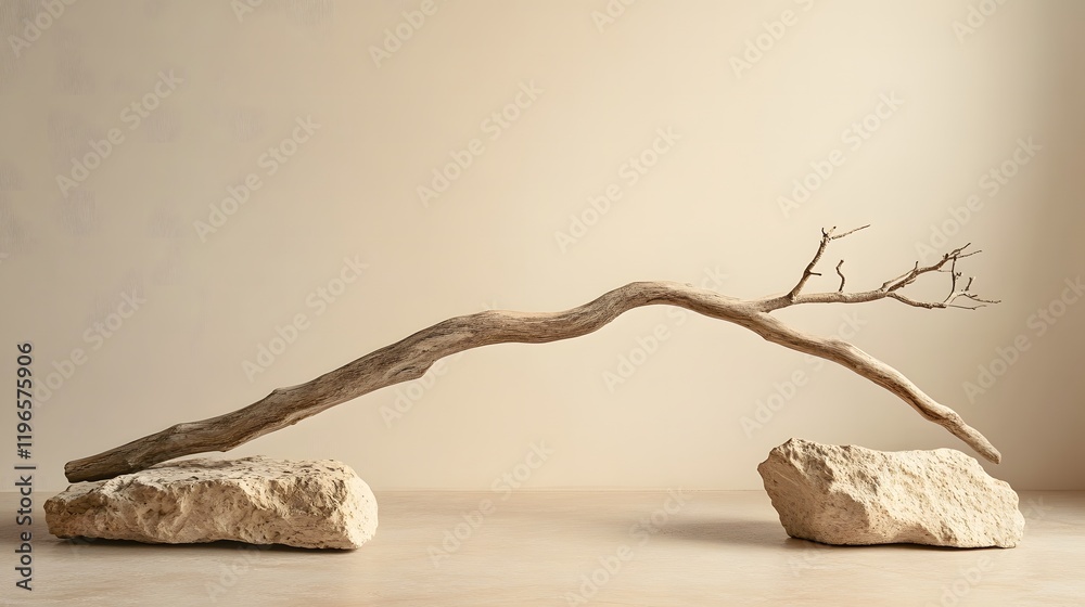 wood branch and stone in the beige surface and background wood branch and stone in the beige surface and background
