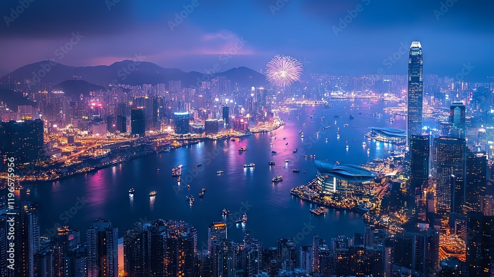 Fototapeta premium Stunning aerial view of a vibrant cityscape at night, showcasing shimmering lights.