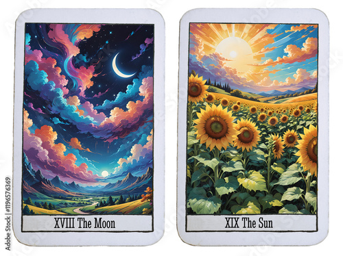 Two Tarot cards of the major arcana on transparent background. The sun (19) and the moon (18)