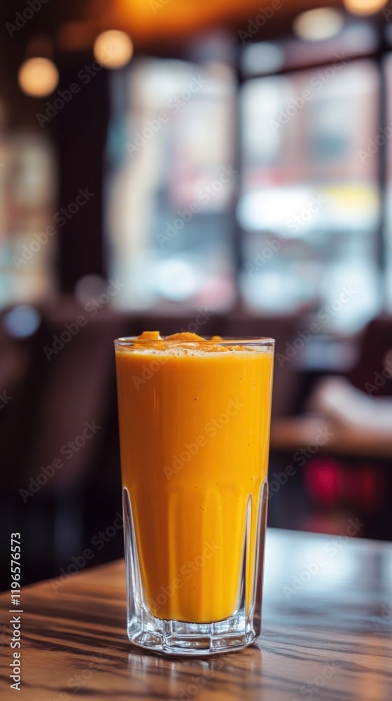A Glass of Refreshing Mango Lassi on a Wooden Table in a Cafe A Glass of Refreshing Mango Lassi on a Wooden Table in a Cafe