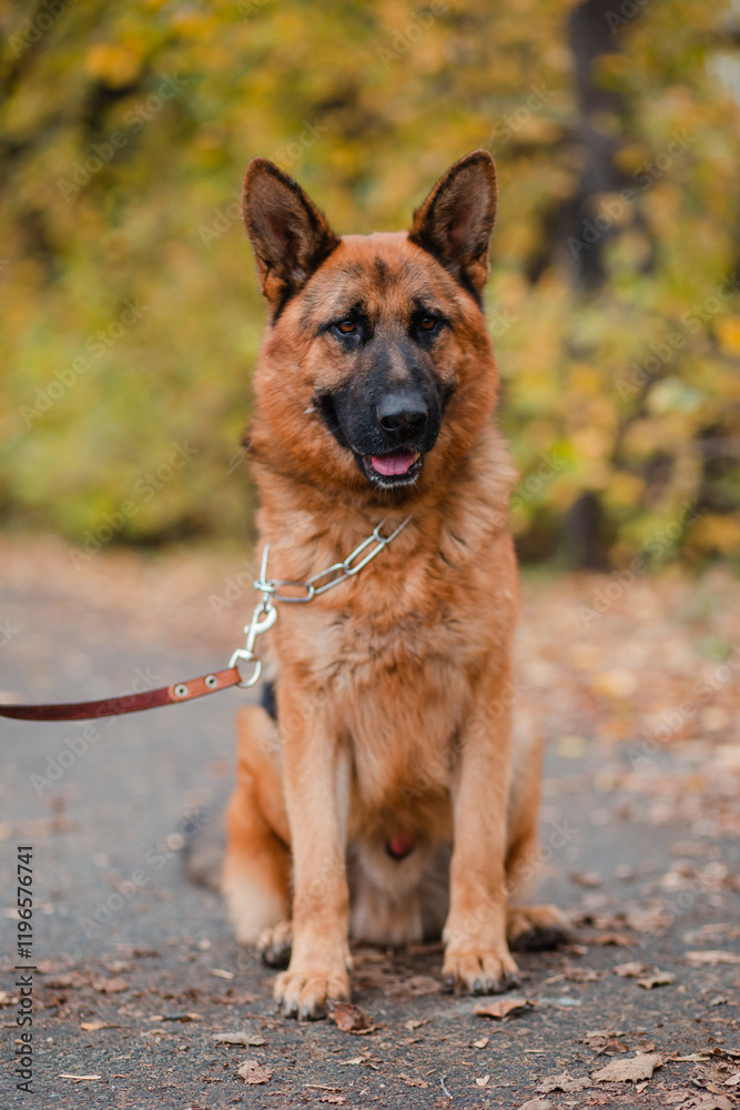 Shepherd dog sits surrounded by dry leaves. Autumn walk with a pet. Big dog
