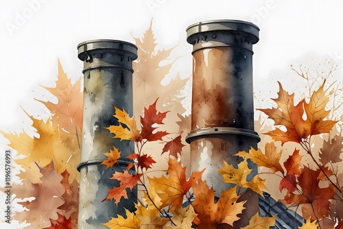 Close-up of a chimney flue in autumn leaves in watercolor style