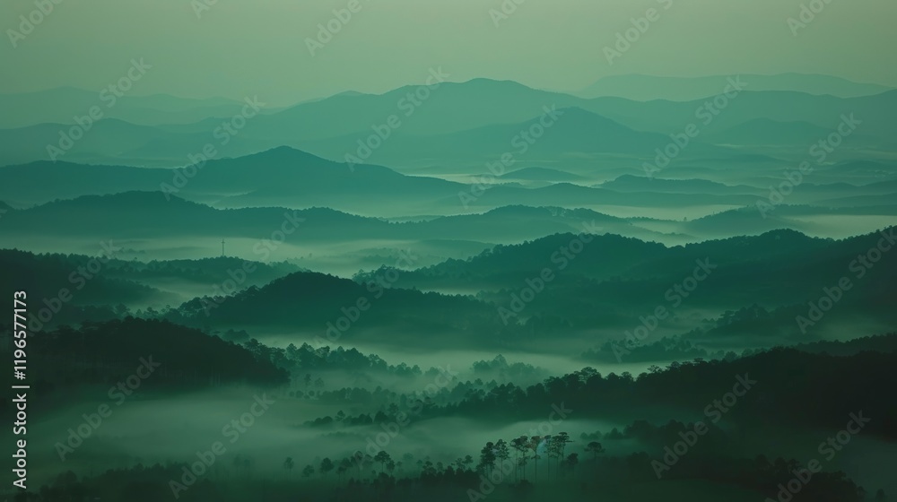 Serene natural landscape lush green forests and misty mountains beneath a clear blue sky Serene natural landscape lush green forests and misty mountains beneath a clear blue sky
