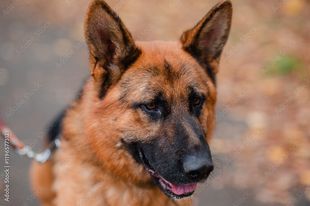 Shepherd dog sits surrounded by dry leaves. Autumn walk with a pet. Big dog Shepherd dog sits surrounded by dry leaves. Autumn walk with a pet. Big dog