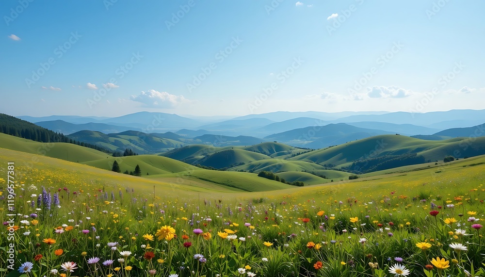 Fototapeta premium Vibrant wildflowers bloom across rolling green hills and mountains