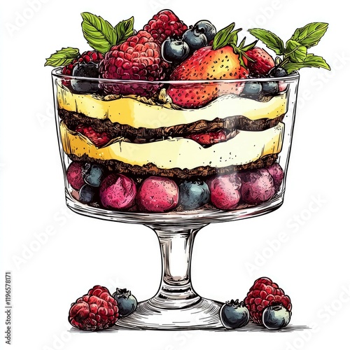 A delectable trifle dessert, layered with creamy goodness and a medley of fresh berries. A delightful treat for the senses!