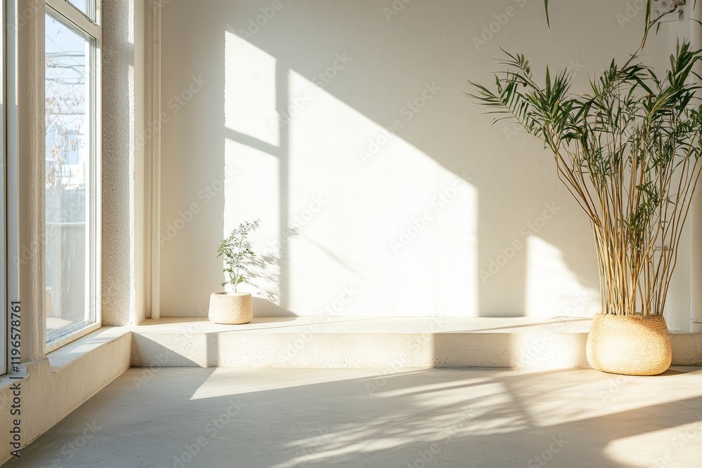 Fototapeta premium Sunlight streams into minimalist room with plants.