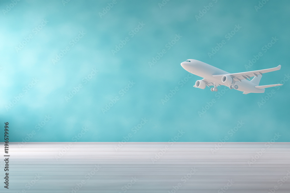Fototapeta premium Modern Airplane, Teal Background, Copy Space